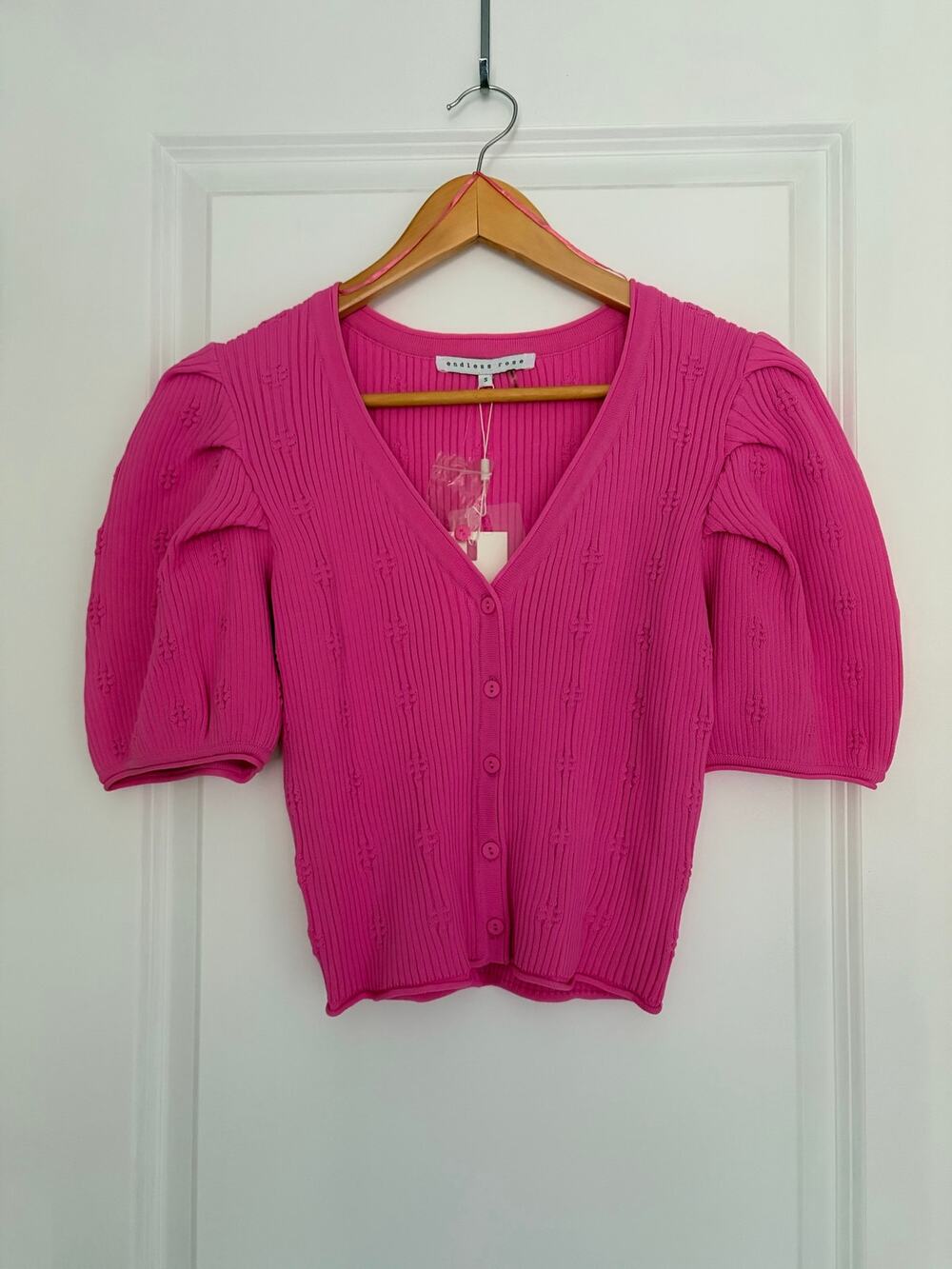 Endless Rose Pink Puff Sleeve Short Cardigan Sweater Size Small NWT